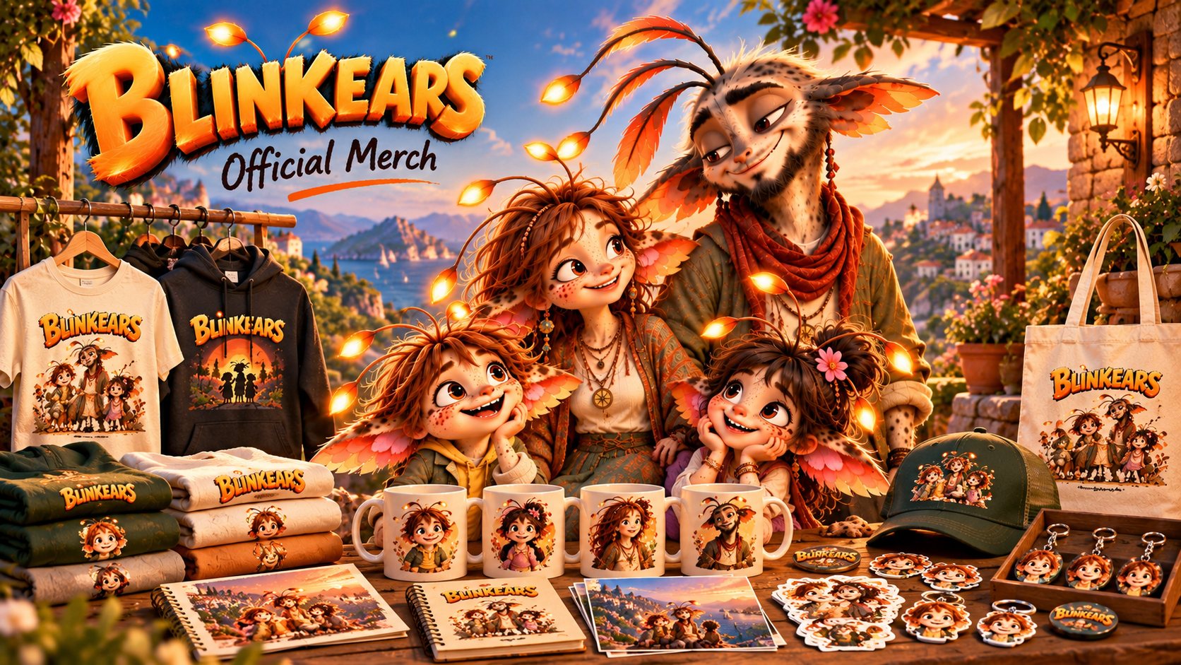BLINKEARS Official Merch: the Blinkears family behind a table of t-shirts, hoodies, mugs, notebooks, stickers, a cap, keychains and a tote bag