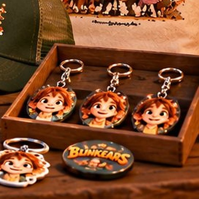 Wooden tray with round Blinkears character keychains