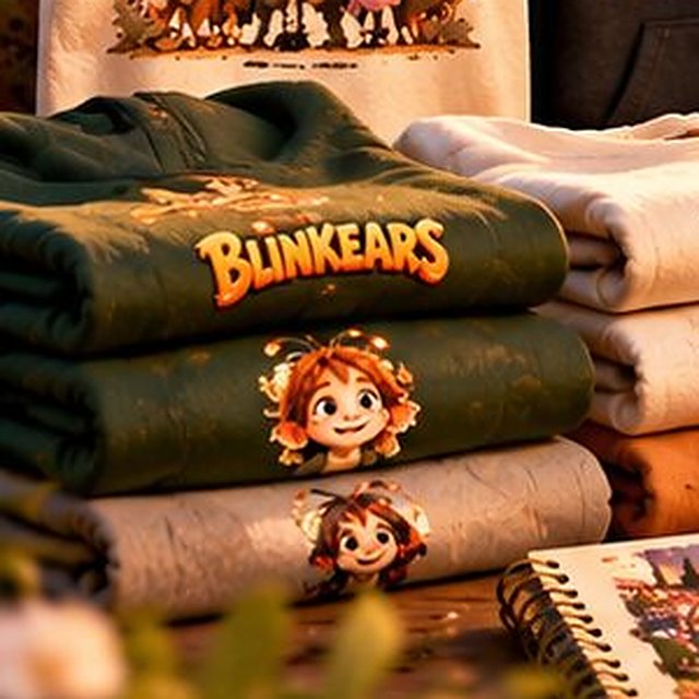 Stack of folded sweatshirts in green, cream and caramel with BLINKEARS character prints
