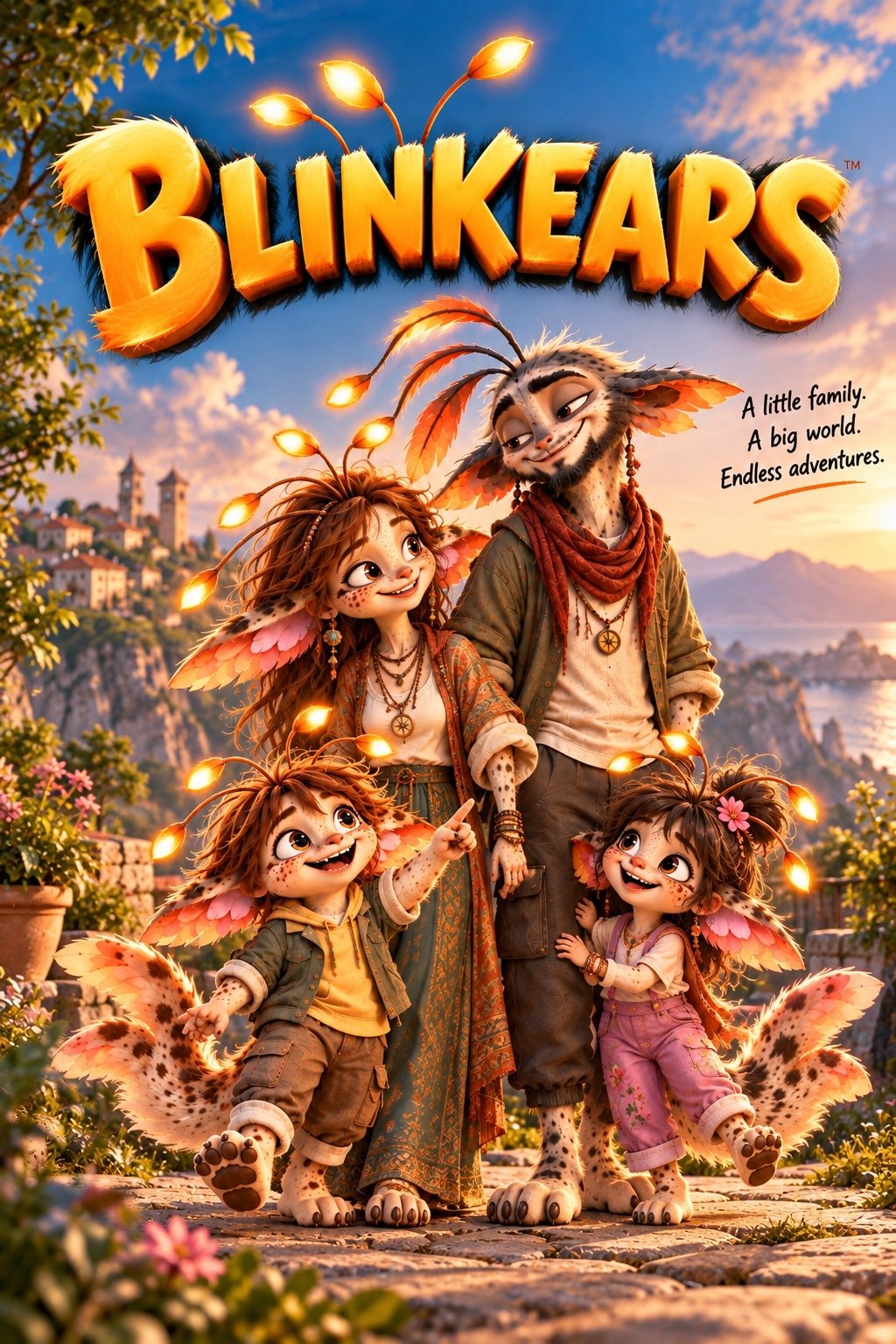 BLINKEARS vertical poster: the family walking on a terrace at sunset