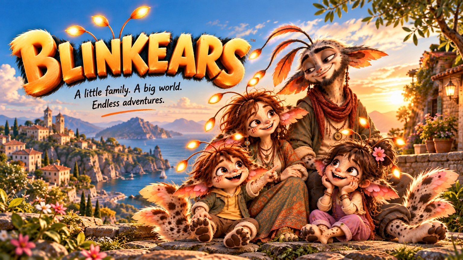 BLINKEARS poster: Rumba, Samba, Siko and Niki together on a sunny terrace above a seaside town